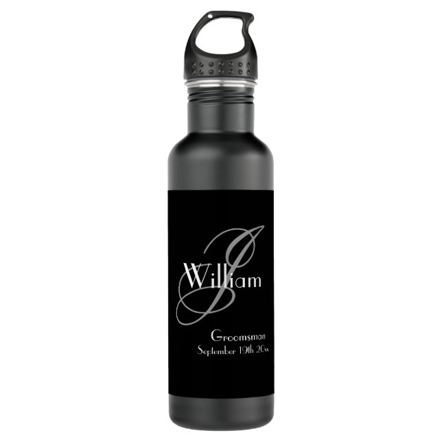 Wedding Groomsman Gift Modern Monogram Cool Black  710 Ml Water Bottle (Front)