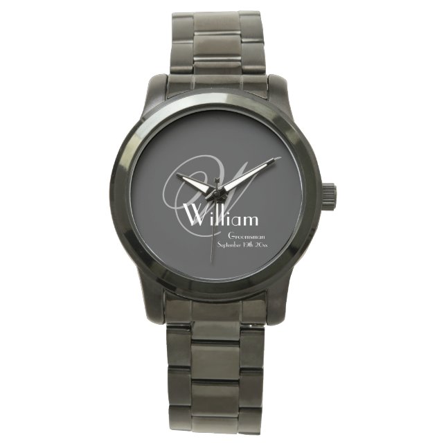 Wedding Groomsman Gift Modern Monogram Cool Black Watch (Front)