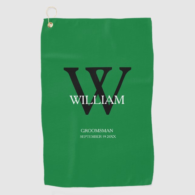 Wedding Groomsman Gift Modern Monogram Cool Green  Golf Towel (Front)