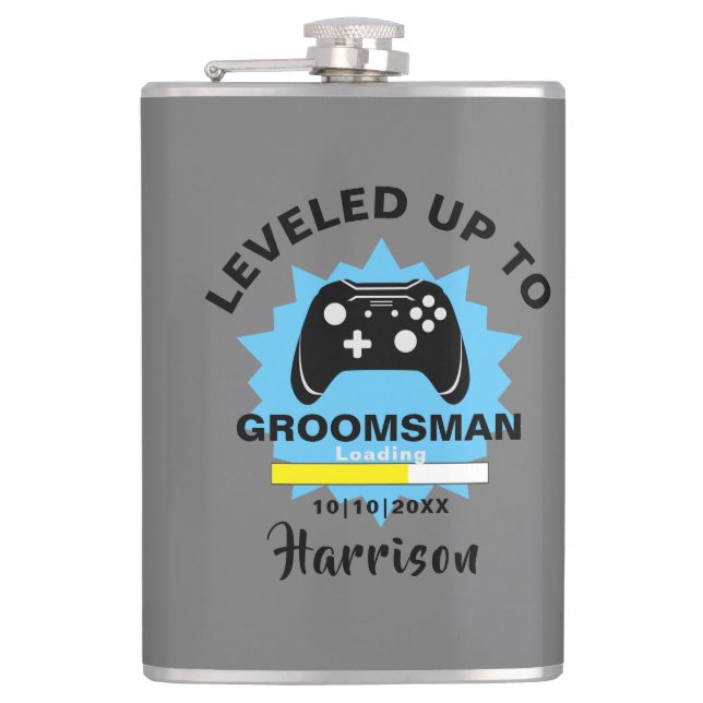 Wedding Groomsman Levelled Up Gamer Fun Hip Flask (Front)