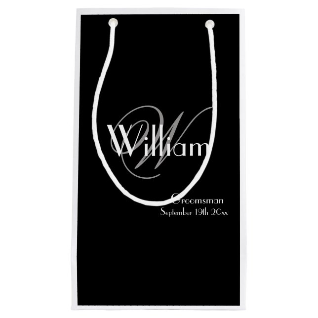 Wedding Groomsman Modern Monogram Name Chic Black Small Gift Bag (Front)