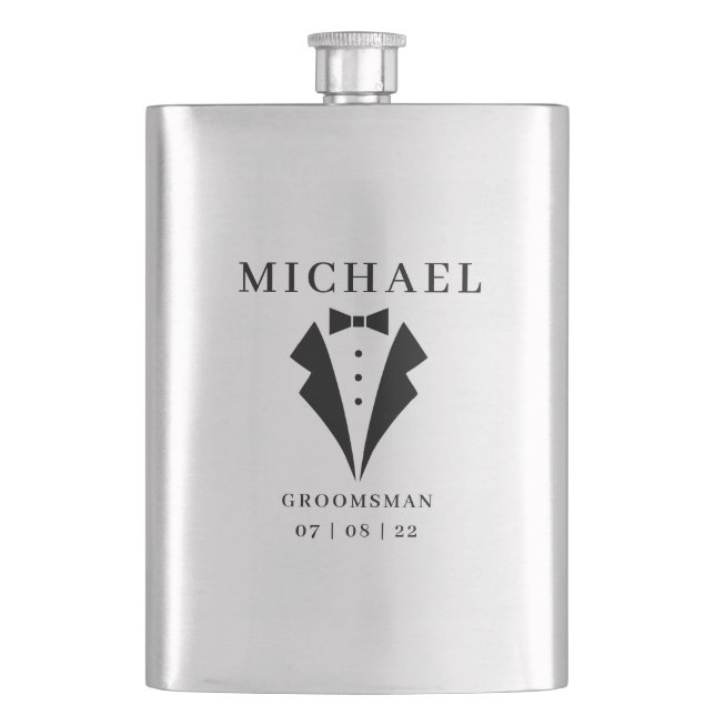 Wedding GROOMSMAN Personalised Name & Date Tuxedo Hip Flask (Front)