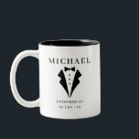 Wedding GROOMSMAN Personalised Name & Date Tuxedo Two-Tone Coffee Mug<br><div class="desc">Styilsh personalised name & date GROOMSMAN wedding coffee mug with black tuxedo bow tie design.</div>