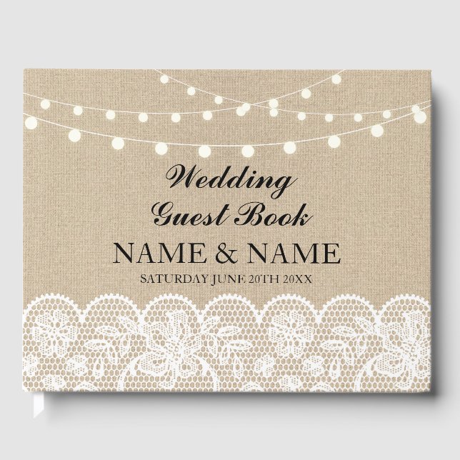 Wedding Guest Book Burlap Lace Rustic Lights (Front)