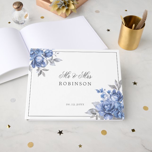 Wedding Guest Book Dusty Blue Rustic Floral  (Front Open)
