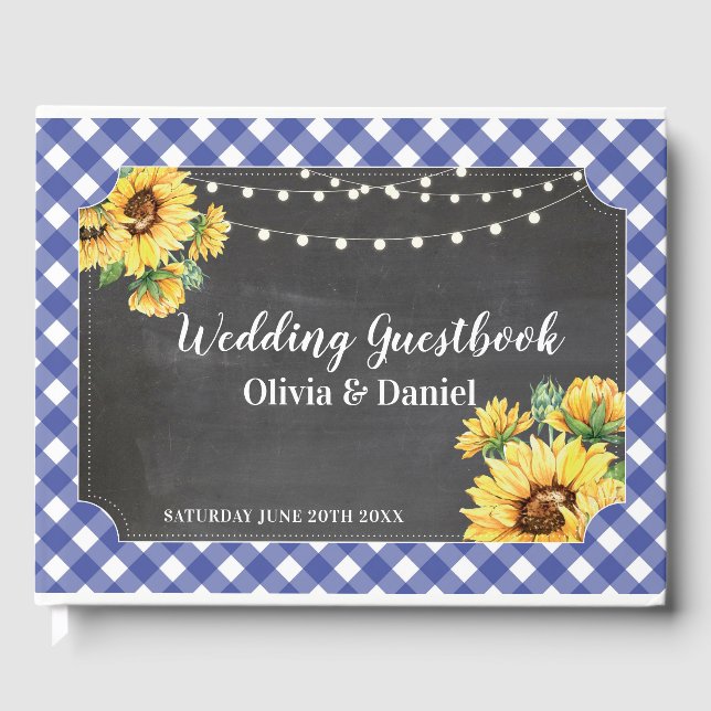 Wedding Guest Book Floral Sunflower Navy Chalk (Front)