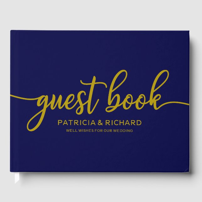 Wedding Guest Book Gold Navy Blue Calligraphy (Front)