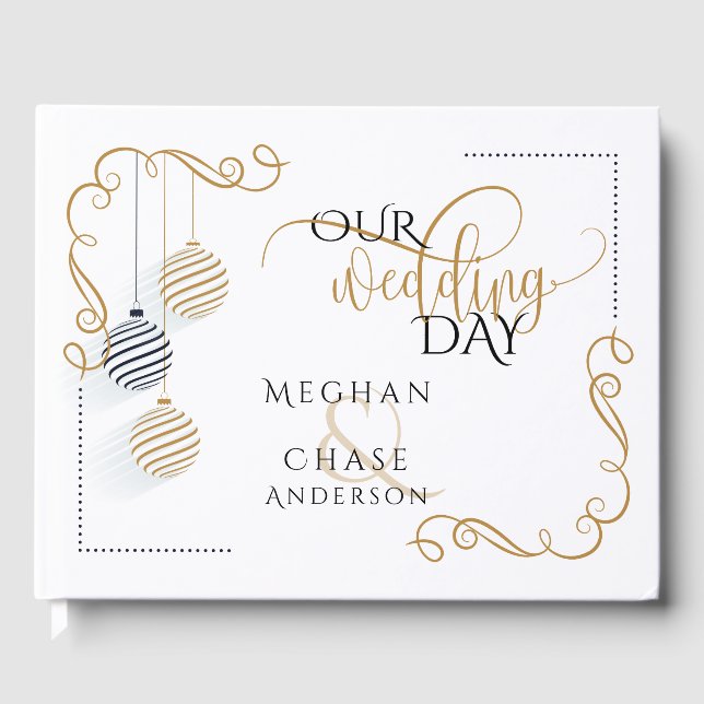 Wedding Guest Book | Modern Black and Gold Baubles (Front)