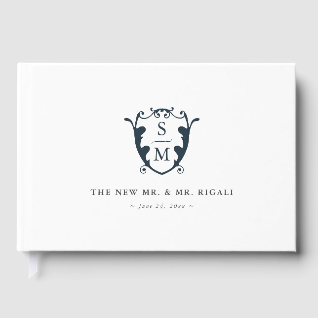 Wedding Guest Book Monogram Crest Navy Blue (Front)