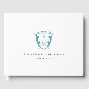 Wedding Guest Book Monogram Crest Turquoise