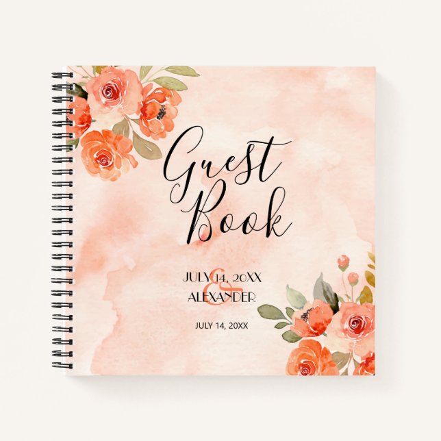 Wedding Guest Book Orange Watercolor Flowers (Front)