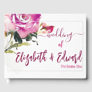 Wedding Guest Book - Pink Rose Watercolour Silver
