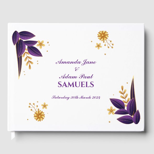 Wedding Guest Book - Purple and Gold Floral (Front)