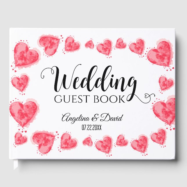 Wedding Guest Book with hearts, white and red (Front)