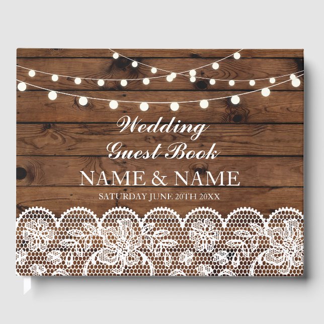 Wedding Guest Book Wood Lace Rustic Lights (Front)