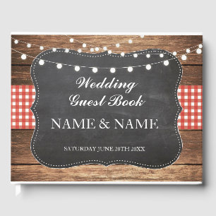 Wedding Guest Book Wood Rustic Lights Red Check