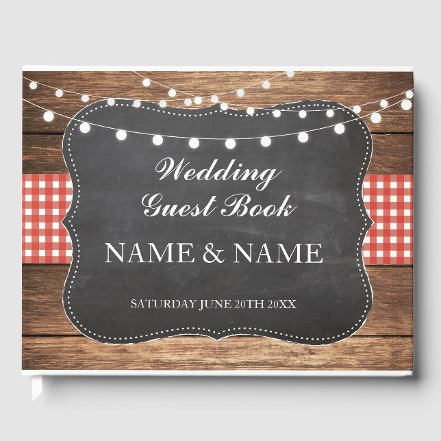 Wedding Guest Book Wood Rustic Lights Red Check (Front)