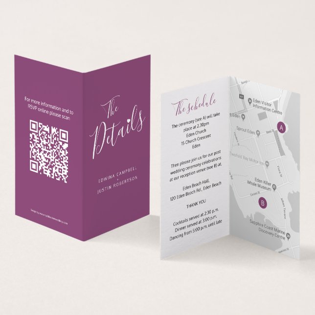Wedding guest details schedule map QR code plum (Inside and Outside)