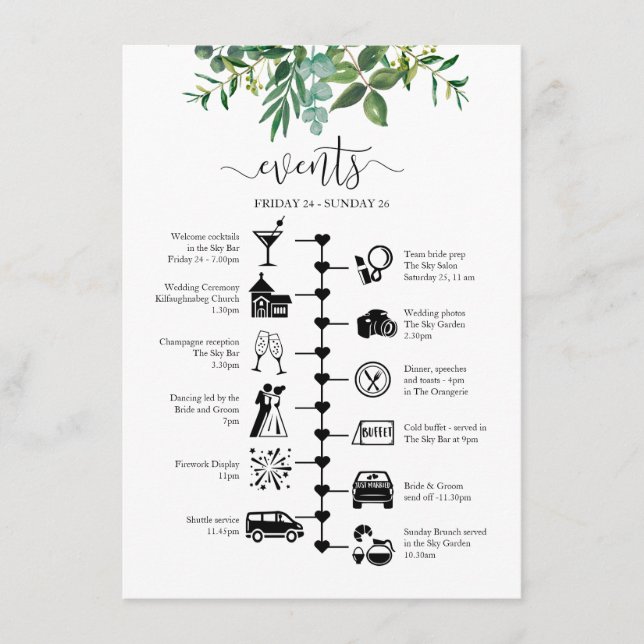 Wedding Guest Itinerary Greenery Illustrated Advice Card (Front)