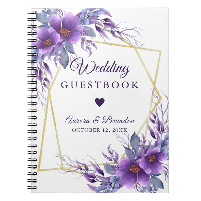 Wedding Guest Purple Floral Gold Geometric Frame  Notebook (Front)