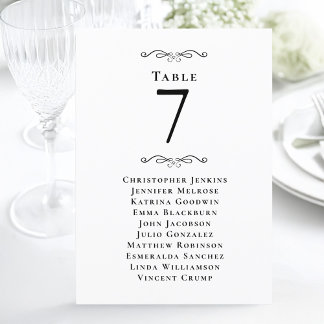 Wedding Guest Seating List Table Number Black Card