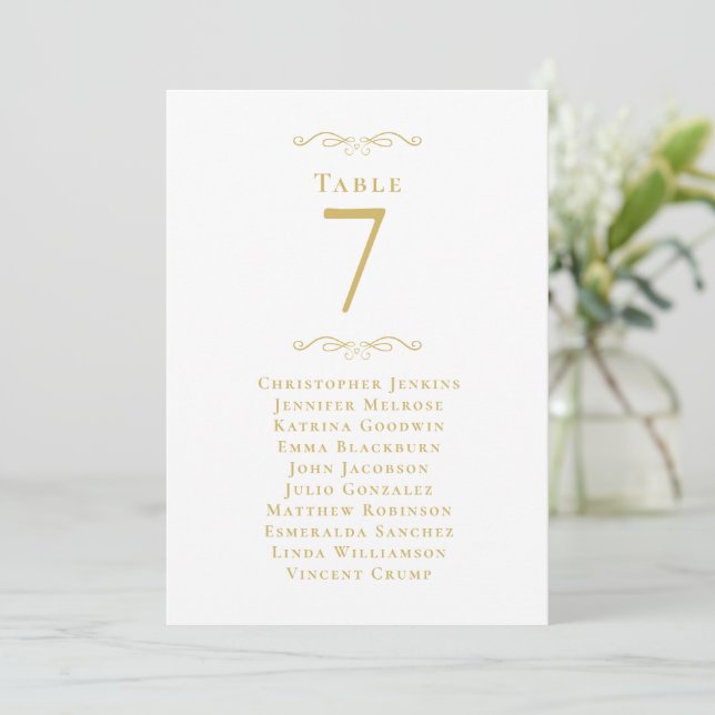 Wedding Guest Seating List Table Number Gold White (Standing Front)