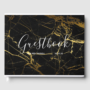Wedding Guestbook   Black Marble Gold Chic