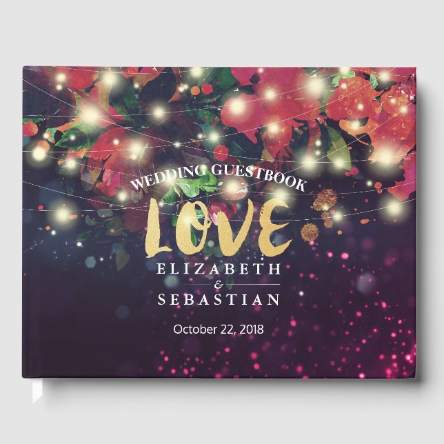 Wedding Guestbook Burgundy Red Floral String Light (Front)