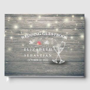 Wedding Guestbook Champagne Glasses Wood Lights