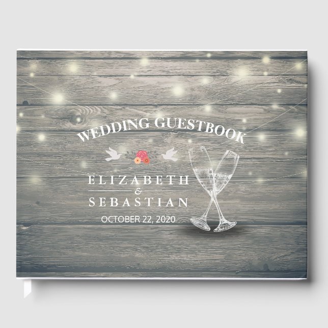 Wedding Guestbook Champagne Glasses Wood Lights (Front)