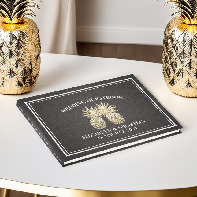 Wedding Guestbook Chic Black Gold Pineapple Couple (Creator Uploaded)