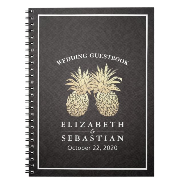 Wedding Guestbook Chic Black Gold Pineapple Couple Notebook (Front)