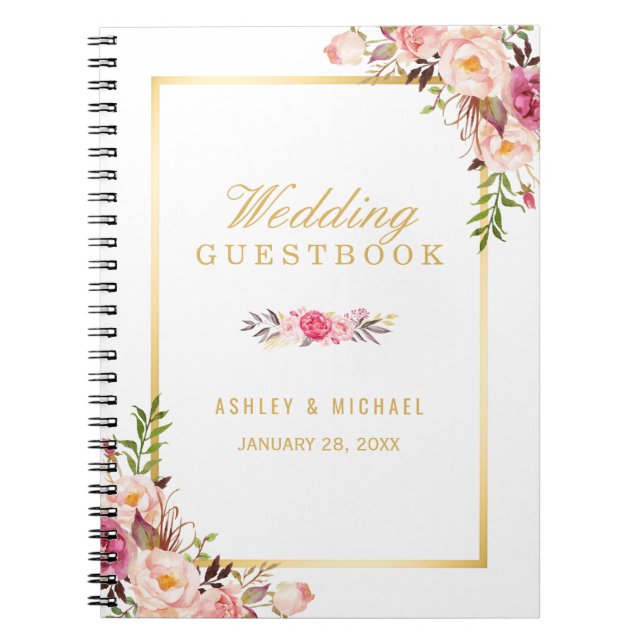 Wedding Guestbook - Elegant Chic Gold Pink Floral Notebook (Front)