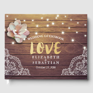 Wedding Guestbook Floral String Lights Wood Lace