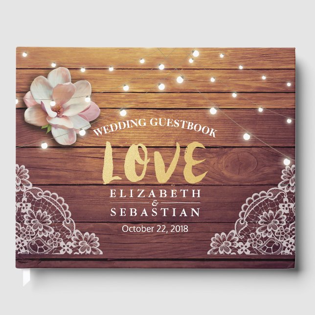 Wedding Guestbook Floral String Lights Wood Lace (Front)