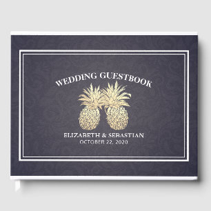 Wedding Guestbook Gold Pineapple Couple Navy Blue