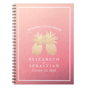 Wedding Guestbook Gold Pineapple Couple Pink Roses Notebook