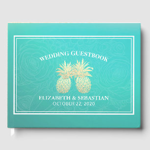 Wedding Guestbook Gold Pineapple Couple Teal Roses