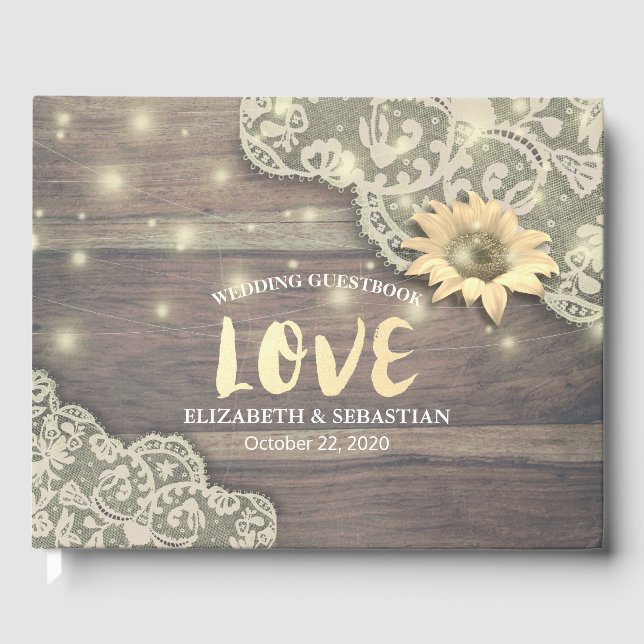 Wedding Guestbook Lace Sunflower Rustic Wood Light (Front)