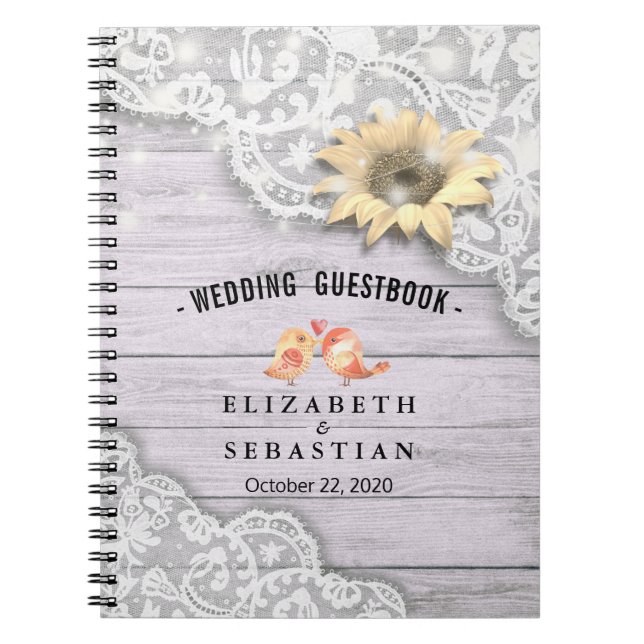 Wedding Guestbook Lace Sunflower Wood String Light Notebook (Front)