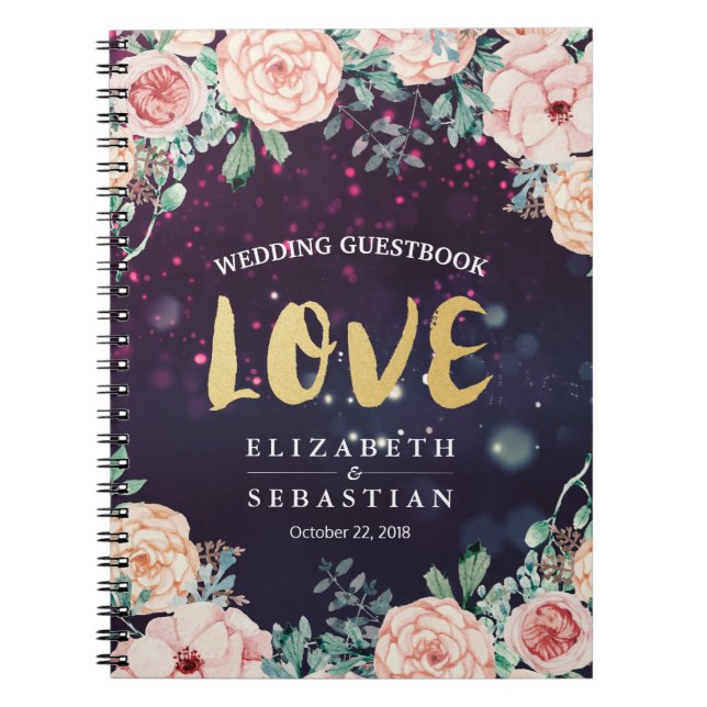 Wedding Guestbook Modern Floral Purple Gold Script Notebook (Front)