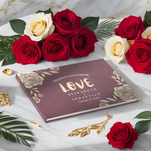 Wedding Guestbook Modern Golden Roses Burgundy Red