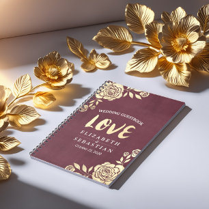 Wedding Guestbook Modern Golden Roses Burgundy Red Notebook