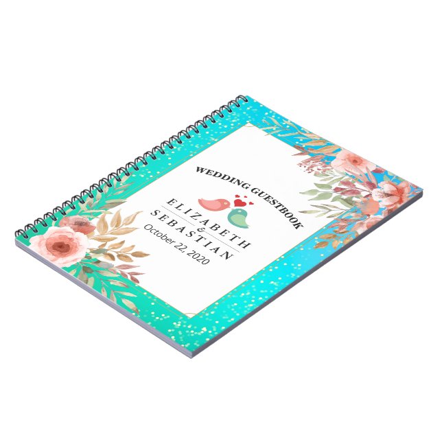 Wedding Guestbook Modern Pink Floral Teal Gold Dot Notebook (Left Side)