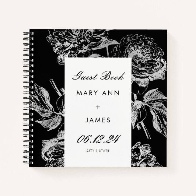 Wedding Guestbook Modern Simple Floral Silver Blac Notebook (Front)
