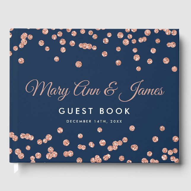 Wedding Guestbook Rose Gold Glitter Confetti Navy (Front)