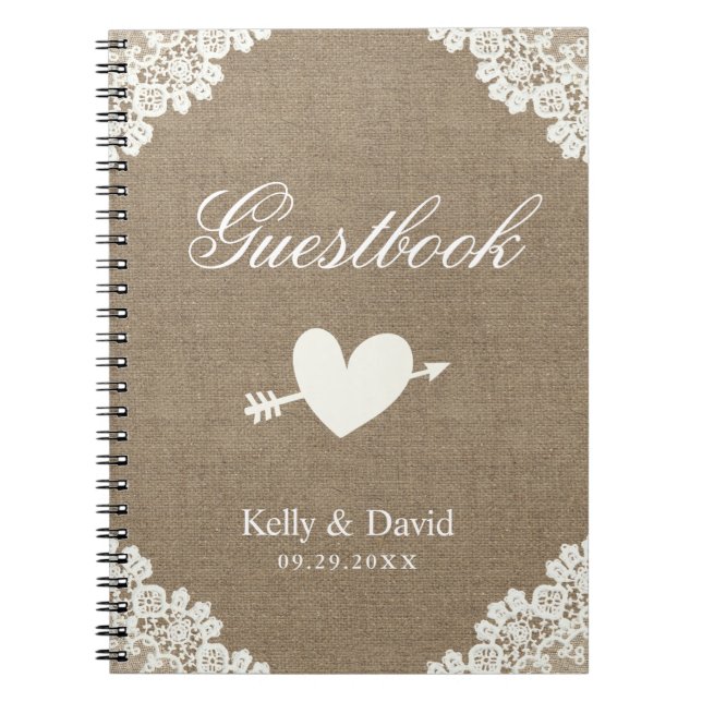 Wedding Guestbook | Rustic Burlap White Lace Notebook (Front)