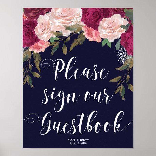 wedding guestbook sign navy pink floral (Front)