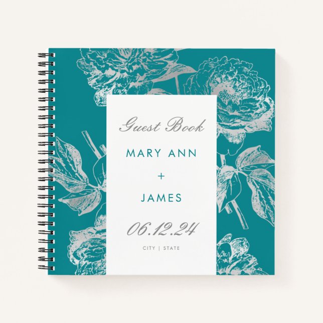 Wedding Guestbook Simple Floral Silver Teal Notebook (Front)