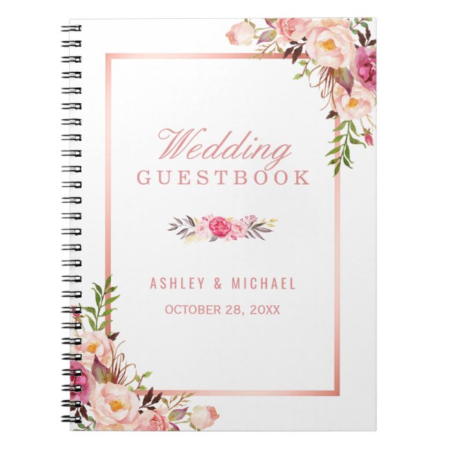 Wedding Guestbook - Stylish Rose Gold Pink Floral Notebook (Front)